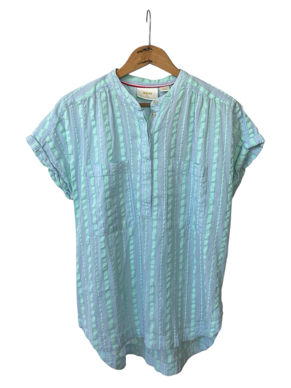 Anthropologie Maeve | Women’s Light Blue Mint Stripe Short Rolled Sleeve Top S